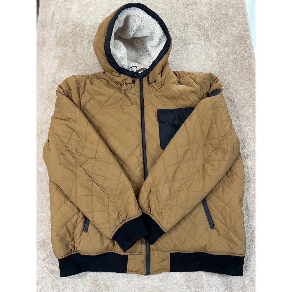 Levi's Sherpa Lined Hoodie Men Size 2XL Brown Diamond Quilted Good has stains